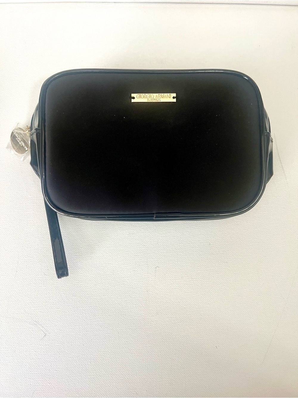 NWT Giorgio Armani Black Patent Faux Leather Cosmetic Bag/Wristlet